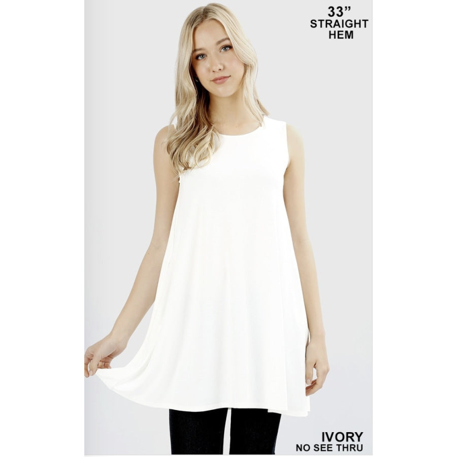 Round Neck Sleeveless Straight Hem Tunic with Pockets XL / Ivory Tops