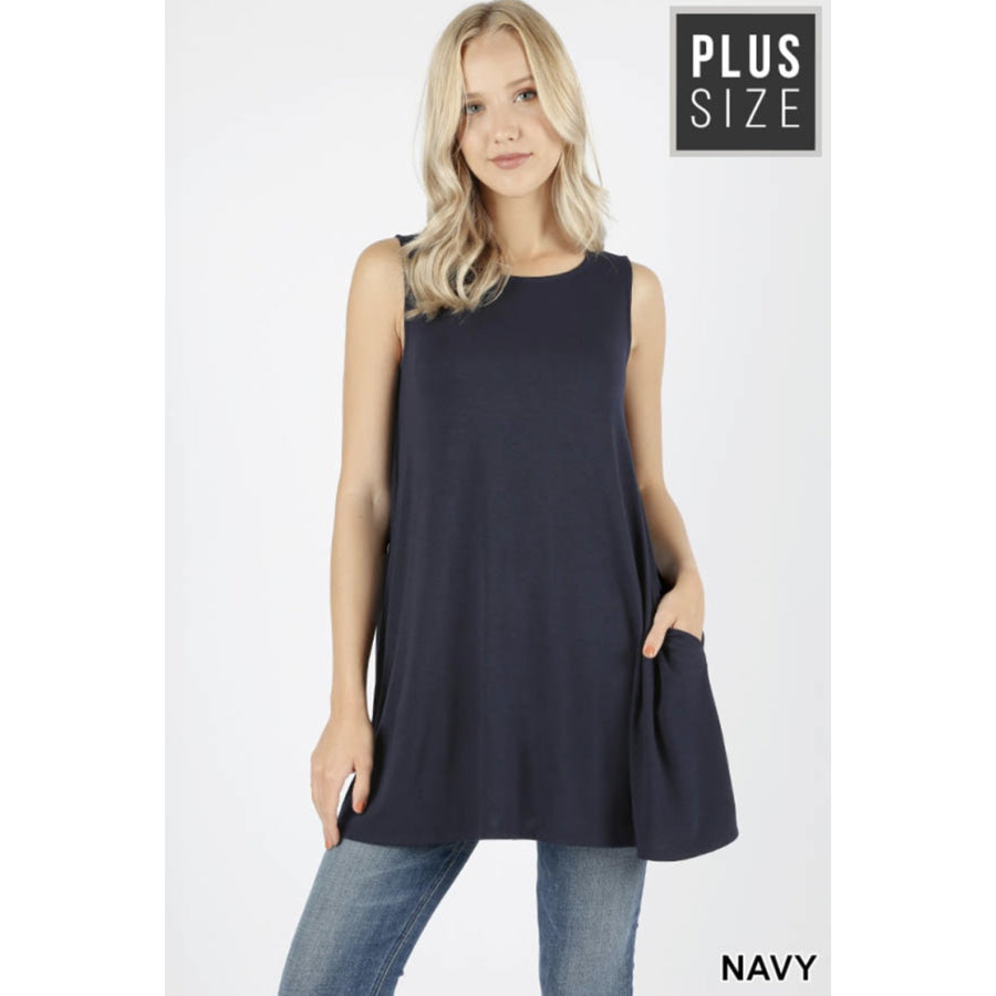 Round Neck Sleeveless Straight Hem Tunic with Pockets 3XL / Navy Tops
