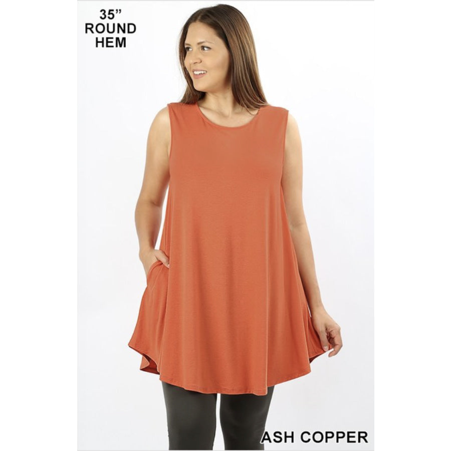 Round Neck Sleeveless Straight Hem Tunic with Pockets Tops