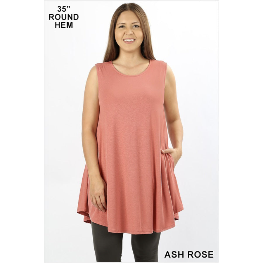 Round Neck Sleeveless Straight Hem Tunic with Pockets Tops