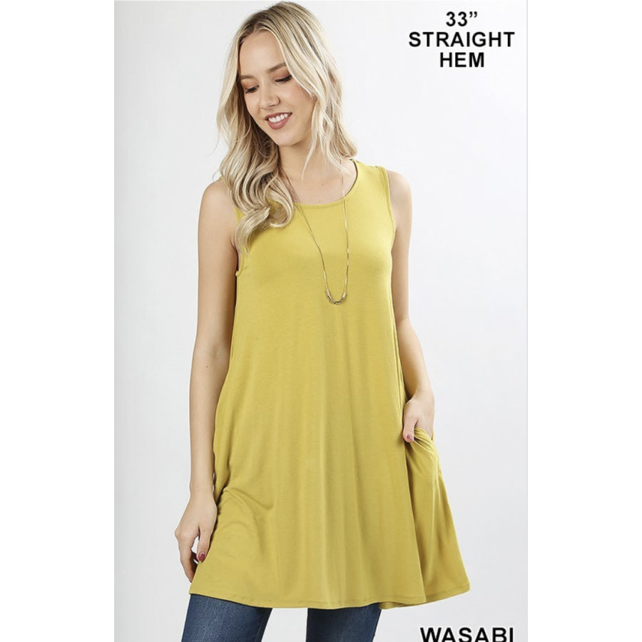 Round Neck Sleeveless Straight Hem Tunic with Pockets XL / Wasabi Tops