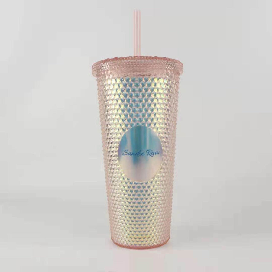 NEW! Sandee Rain Exclusive Studded Iridescent Tumbler with Straw 650ml Iridescent Limited Edition Rose Gold Sandee Rain Merchandise