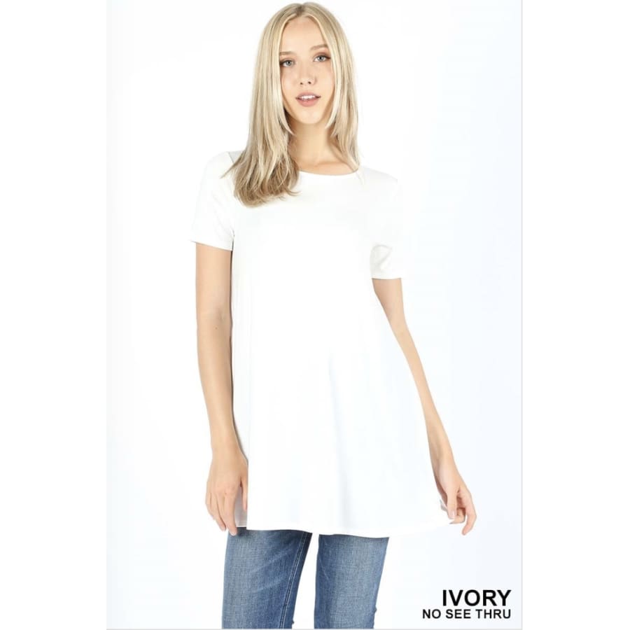 New! Premium Fabric Short Sleeve Round Neck Round Hem Longline Flared Top With Side Pockets Xl / Ivory Tops