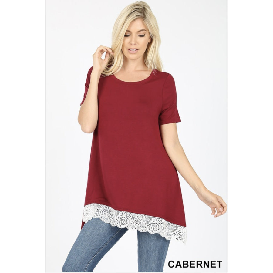 Short Sleeve Round Neck Lace Trim Hi-Low Hem Top S / Cabernet Tops