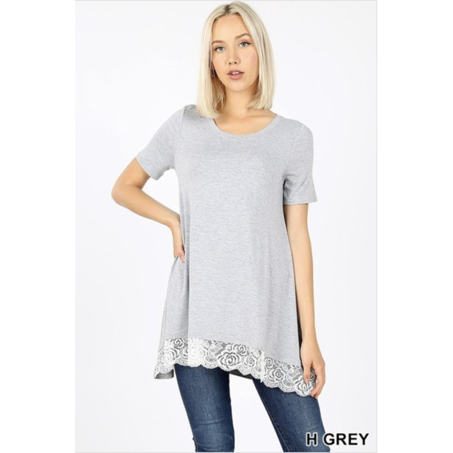 Short Sleeve Round Neck Lace Trim Hi-Low Hem Top XL / Heather Grey Tops
