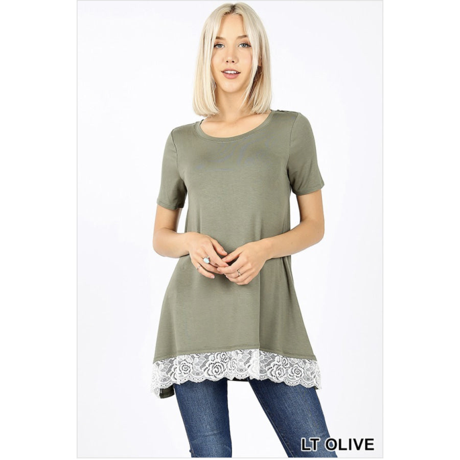 Short Sleeve Round Neck Lace Trim Hi-Low Hem Top S / Light Olive Tops