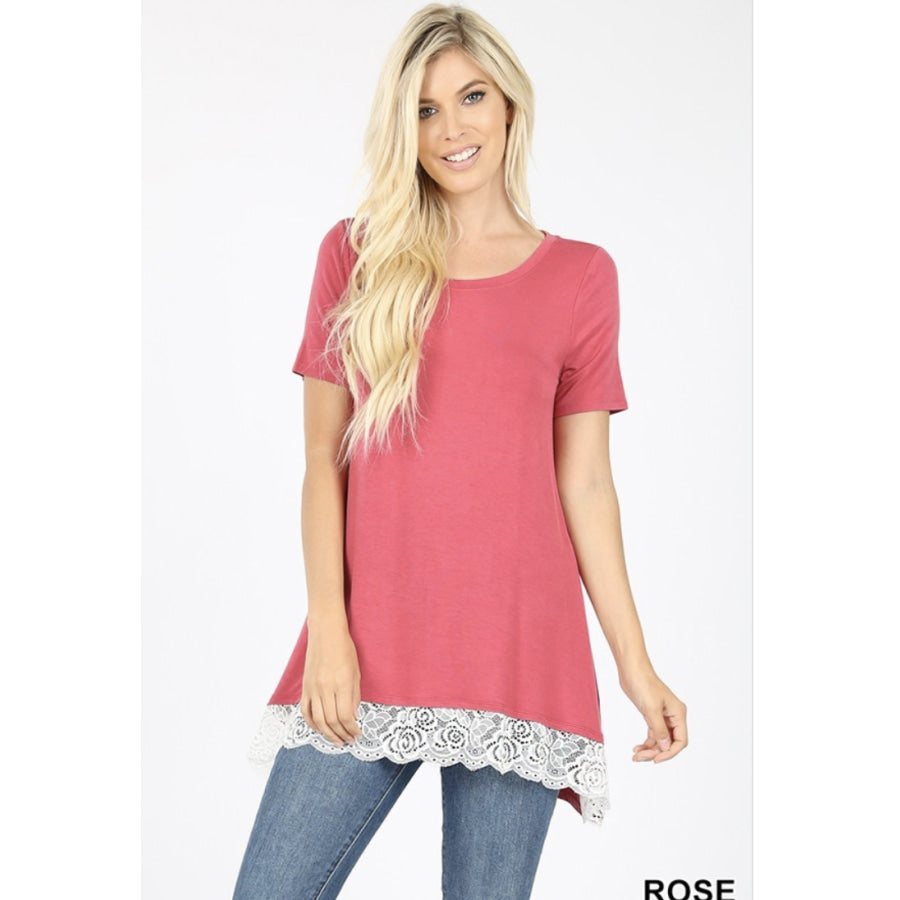 Short Sleeve Round Neck Lace Trim Hi-Low Hem Top XL / Rose Tops