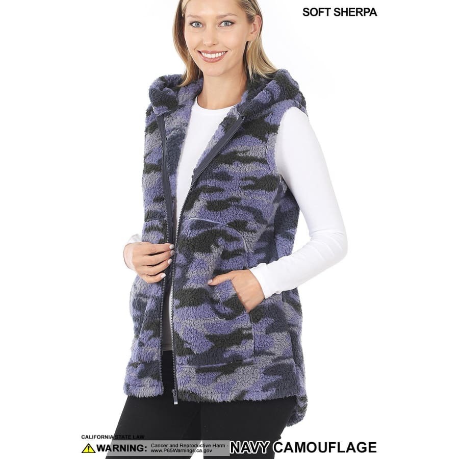 NEW! Soft Sherpa Camouflage Print Zip-Up Hooded Vest with Pockets Jacket