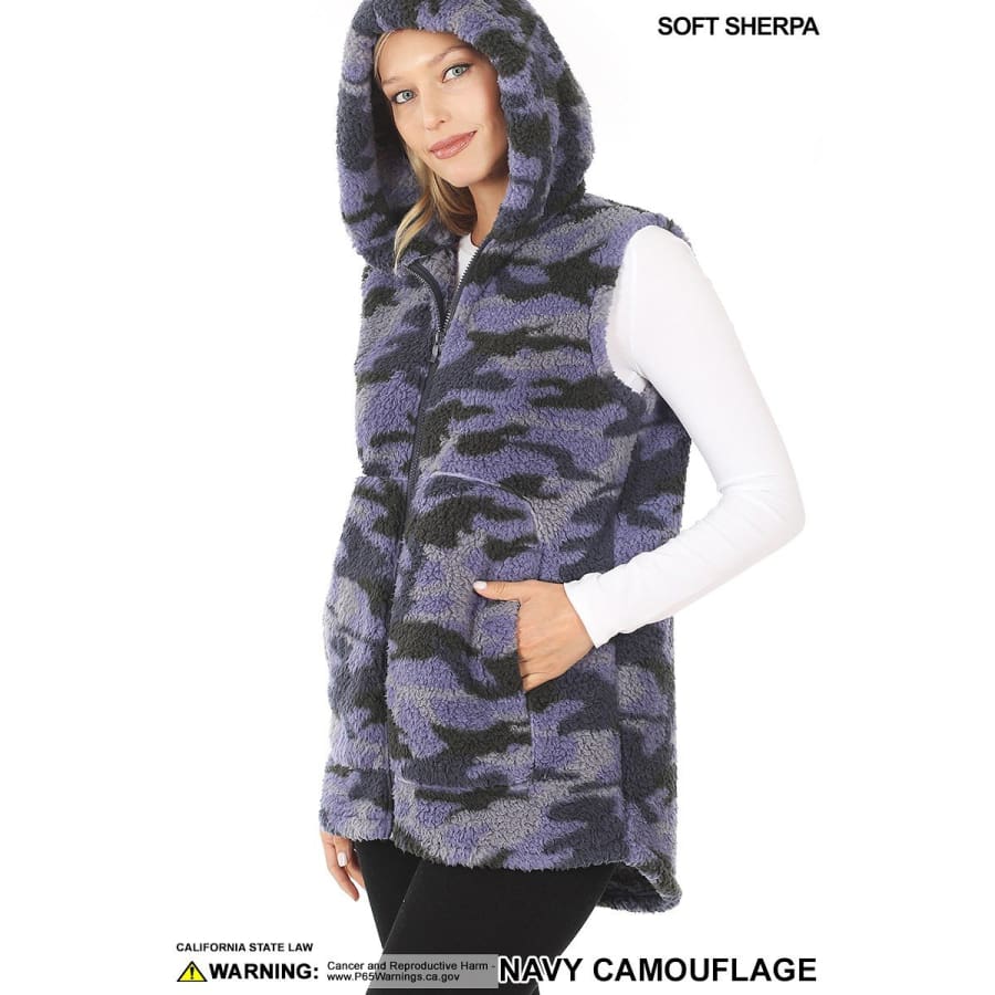 NEW! Soft Sherpa Camouflage Print Zip-Up Hooded Vest with Pockets Navy / S Jacket