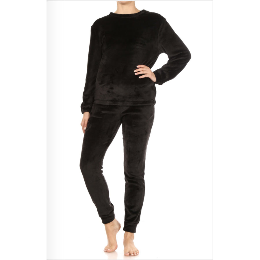 NEW! Solid 2 Piece Double Plush Faux Fur Pajama Set Black / S Lounge Set