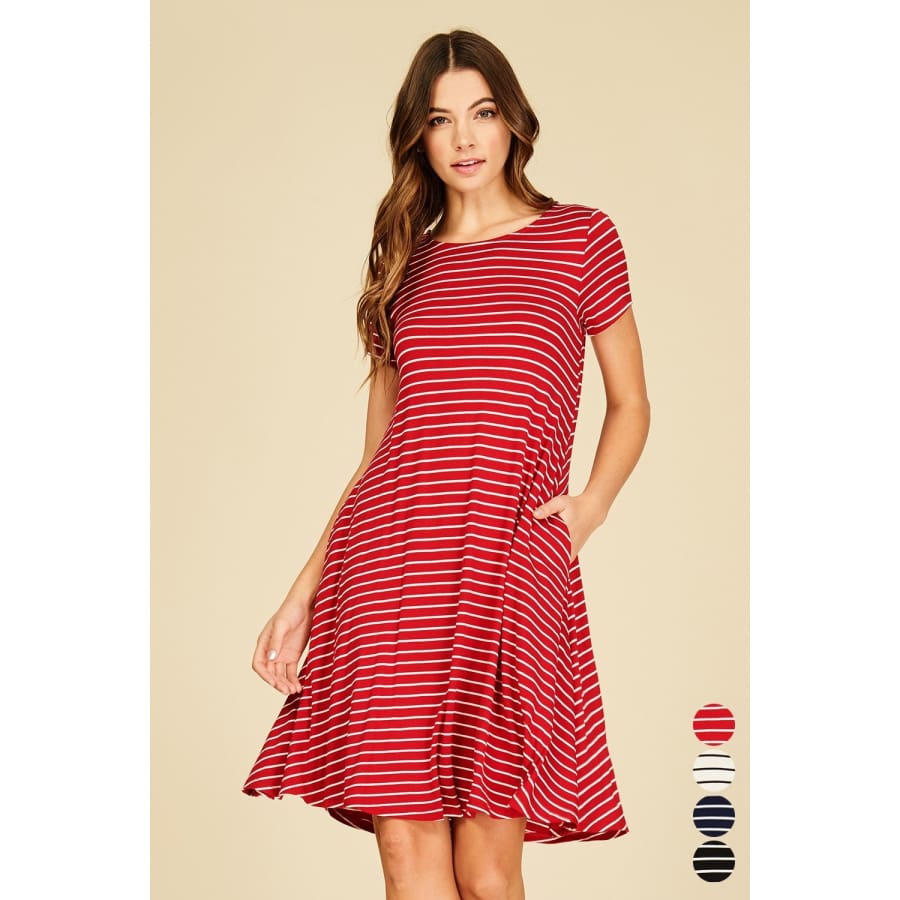 New! Stripe Print Short Sleeve Midi Dress S / Red/ivory Dresses