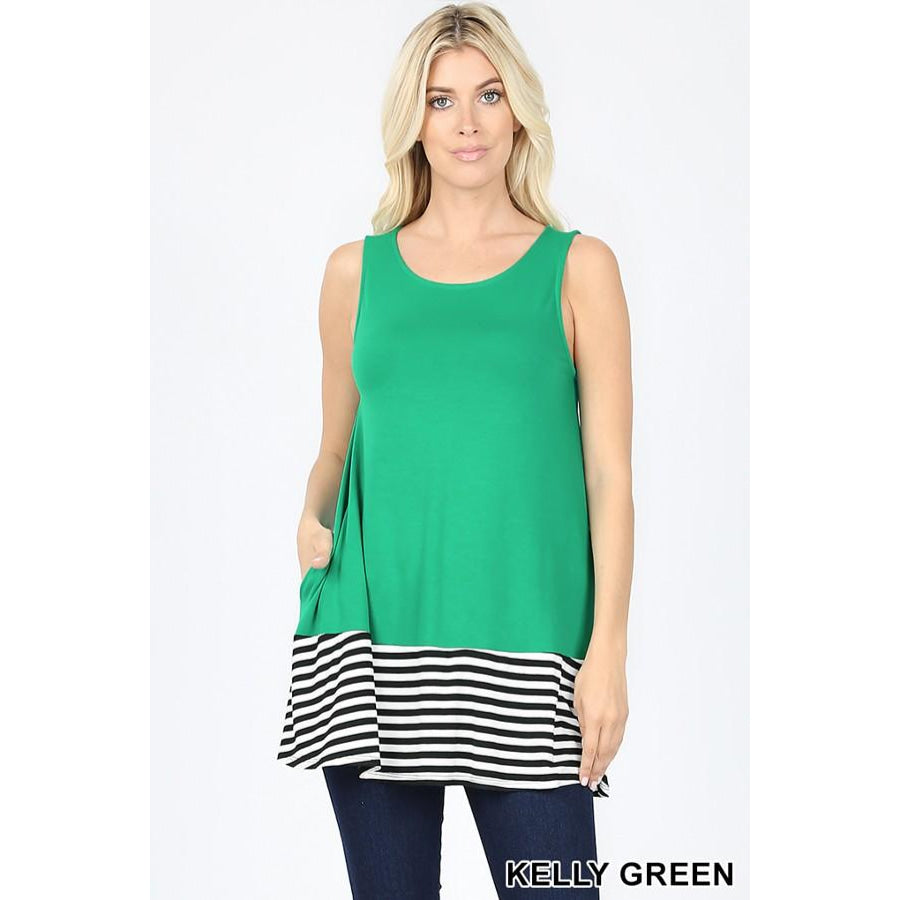 NEW! Striped & Solid Contrast Sleeveless Top With Pockets Kelly Green / S Tops