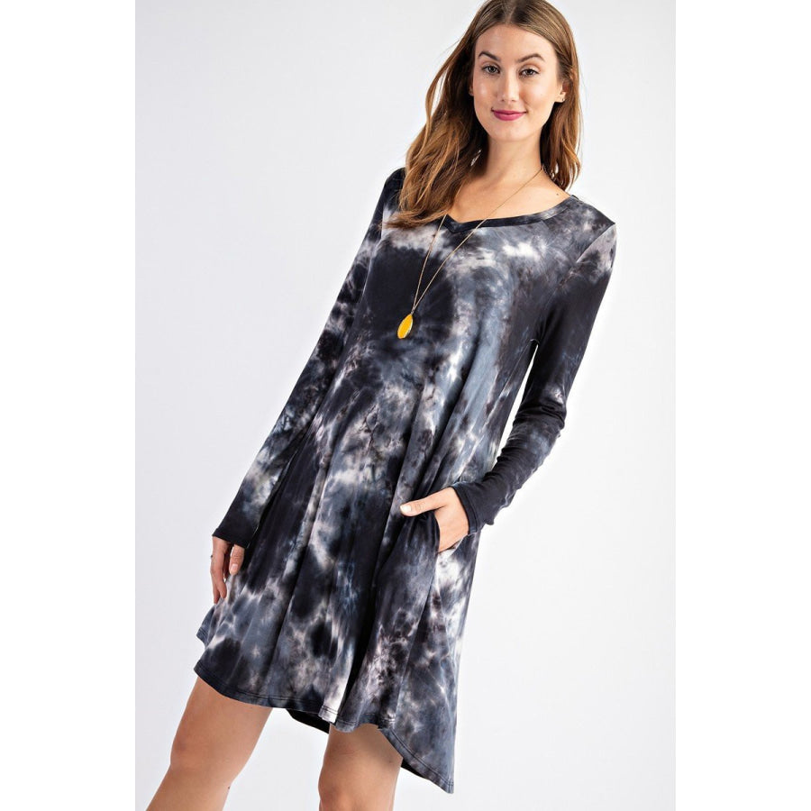 NEW! Tie Dye Print V-Neck Long Sleeve Swing Dress with Pockets Black / S Dress