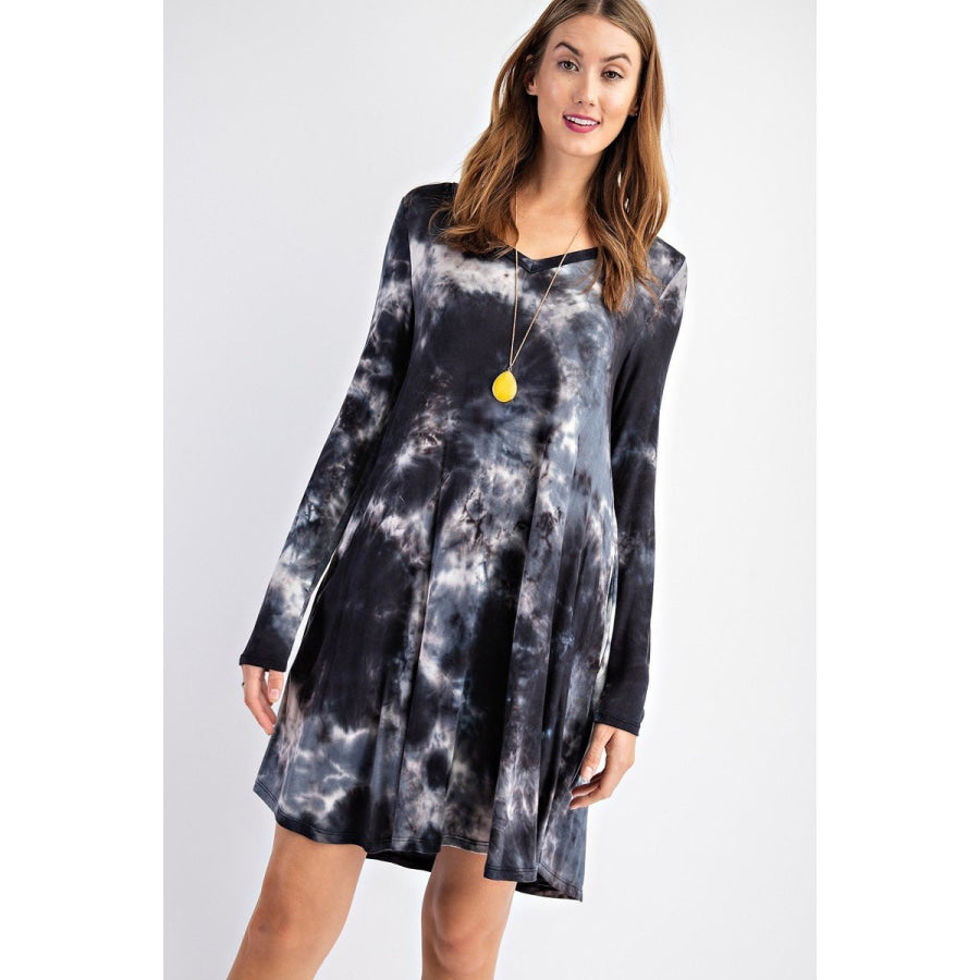 NEW! Tie Dye Print V-Neck Long Sleeve Swing Dress with Pockets Dress