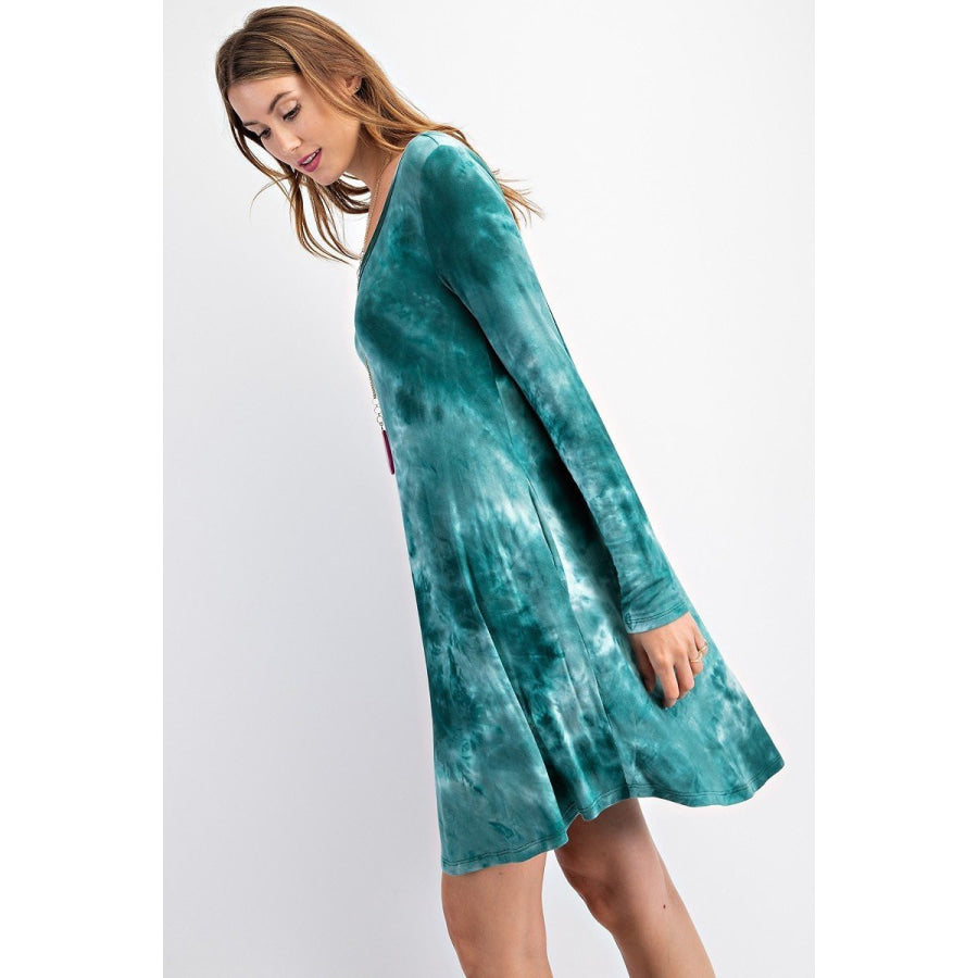 NEW! Tie Dye Print V-Neck Long Sleeve Swing Dress with Pockets Dress