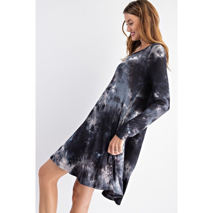 NEW! Tie Dye Print V-Neck Long Sleeve Swing Dress with Pockets Dress