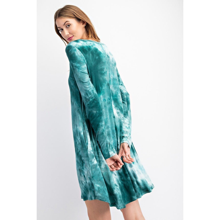 NEW! Tie Dye Print V-Neck Long Sleeve Swing Dress with Pockets Dress