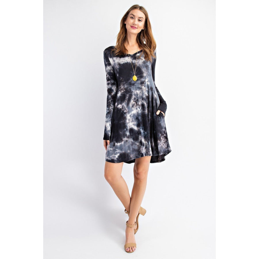 NEW! Tie Dye Print V-Neck Long Sleeve Swing Dress with Pockets Dress