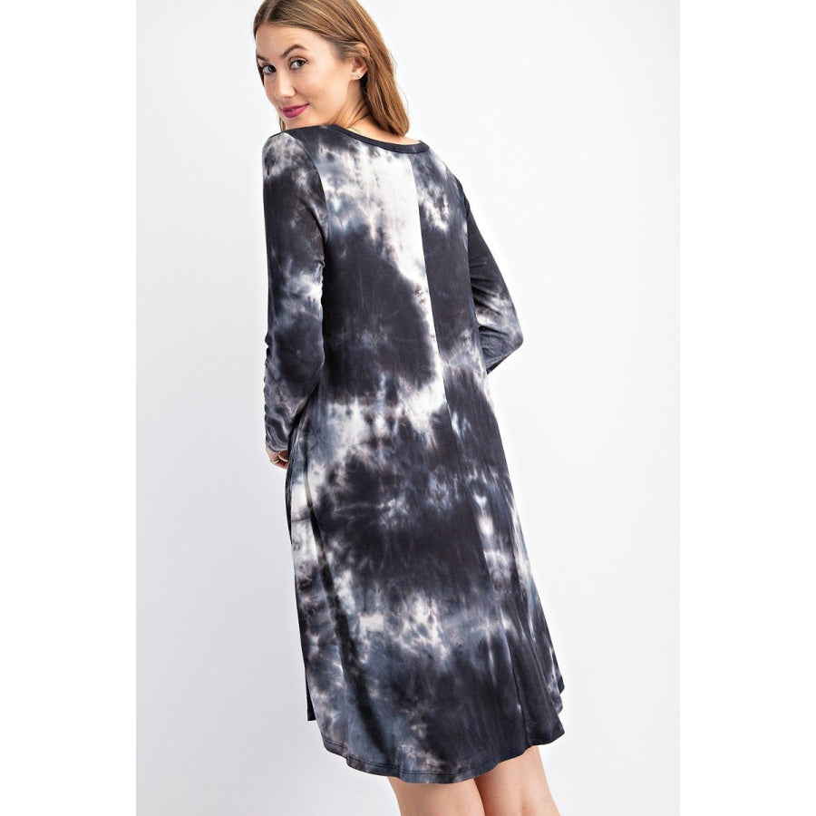 NEW! Tie Dye Print V-Neck Long Sleeve Swing Dress with Pockets Dress
