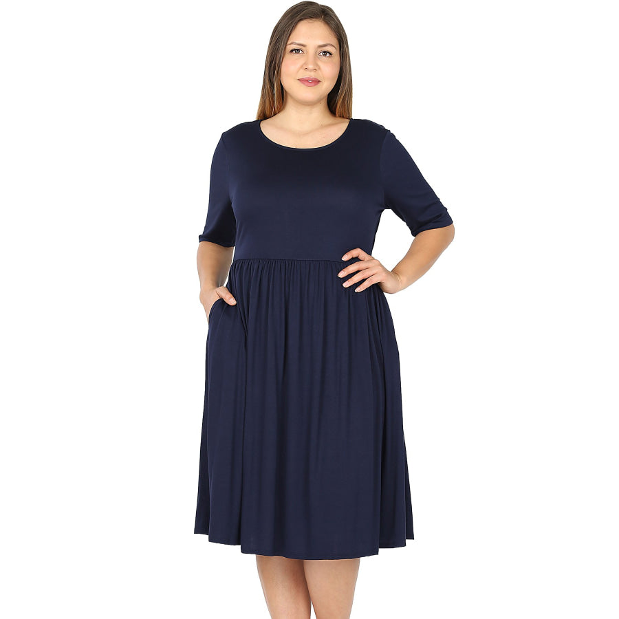 NEW! Viscose Half Sleeve Dress With Waist Shirring and Pockets! Navy / 1XL Dresses