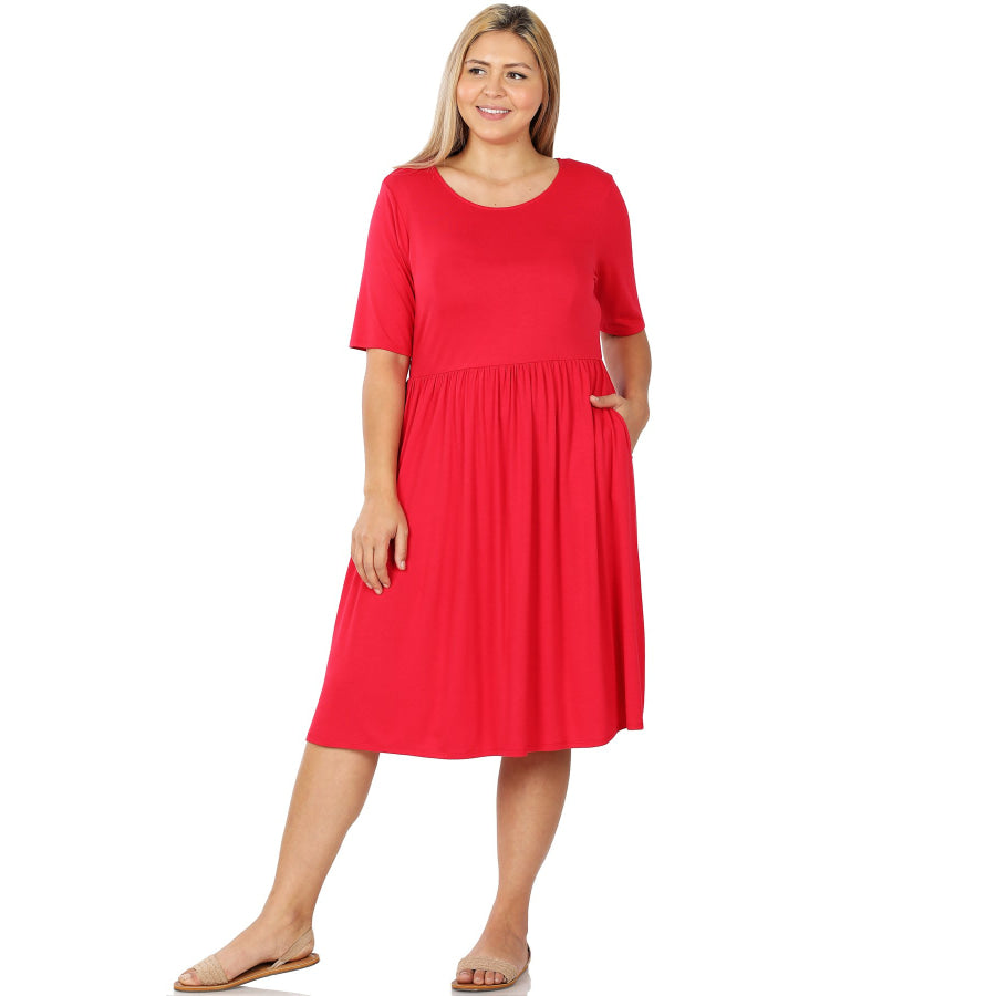 NEW! Viscose Half Sleeve Dress With Waist Shirring and Pockets! Ruby / 1XL Dresses