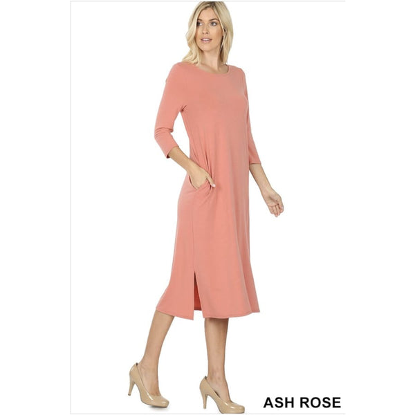 Zenana Viscose 3/4 Sleeve Dress With Waist Shirring and Pockets