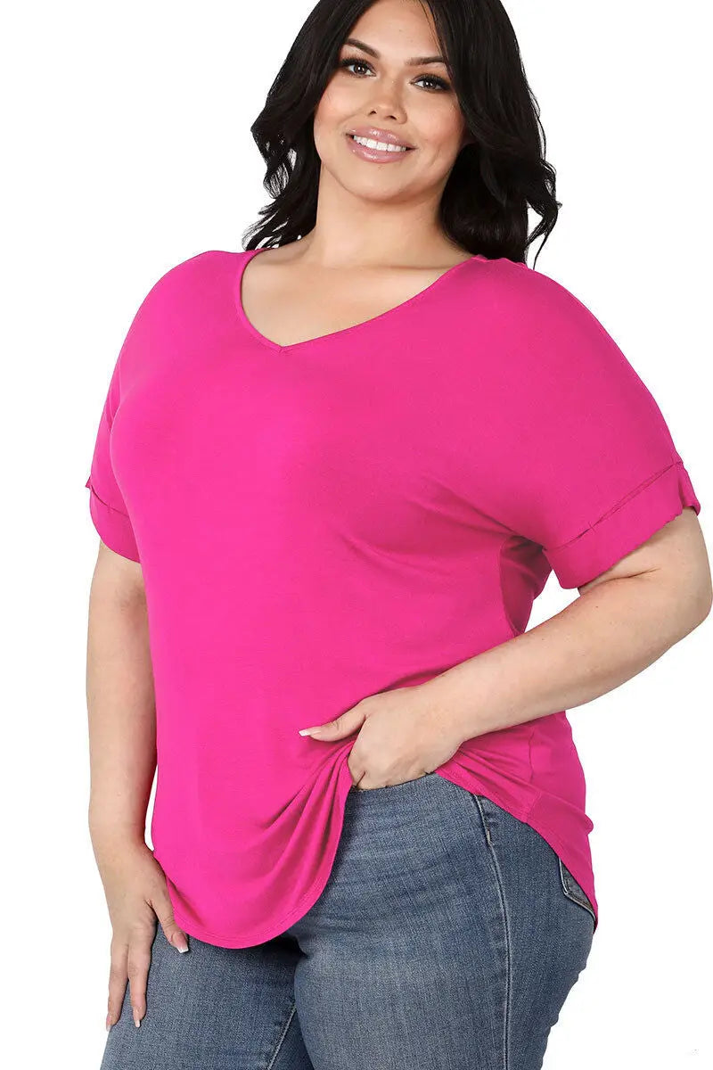 Zenana Luxe Rayon Short Cuff Sleeve V-Neck Round Hem Top - Assorted Colours