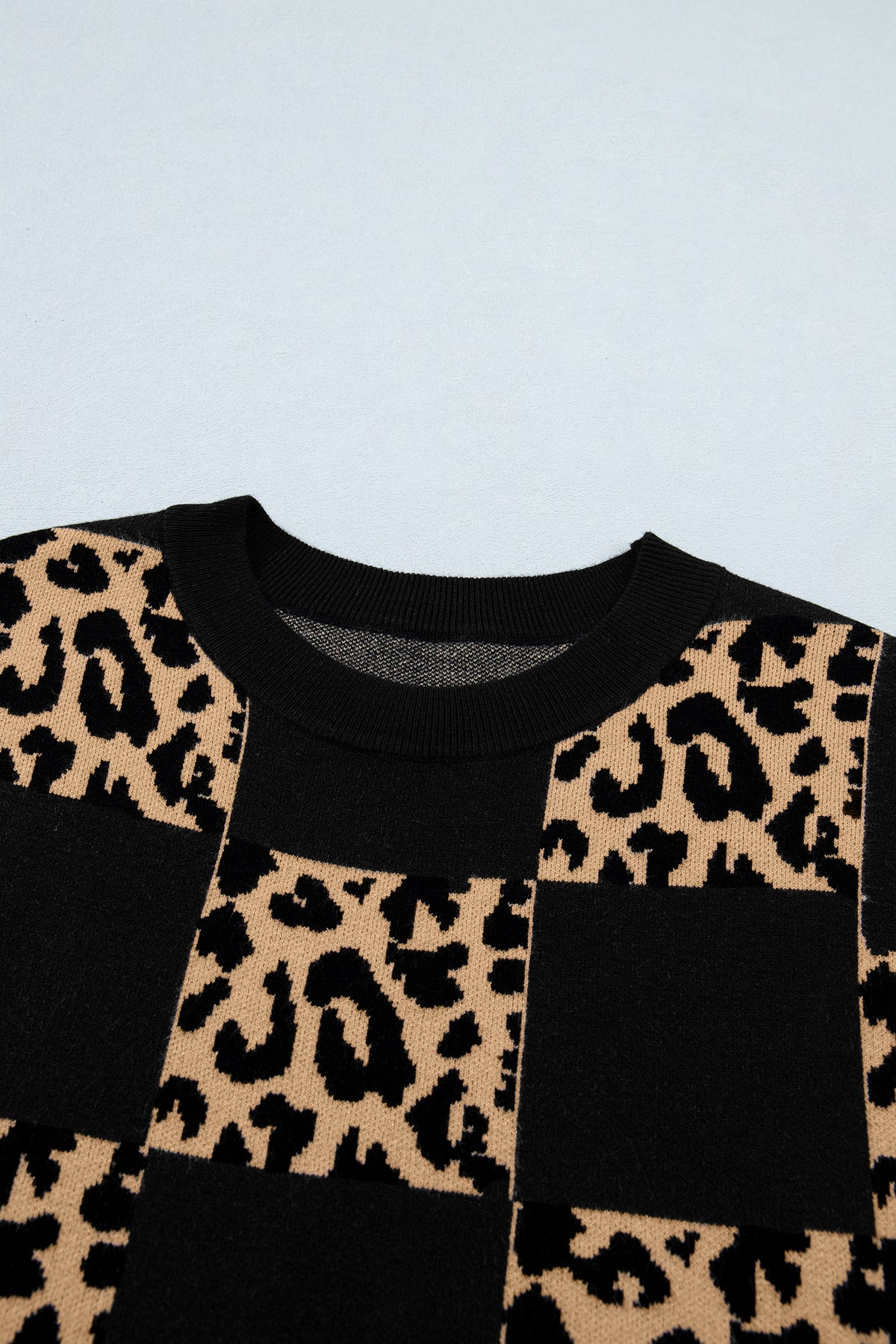 Green Leopard Checkerboard Short Sleeve Knit Sweater