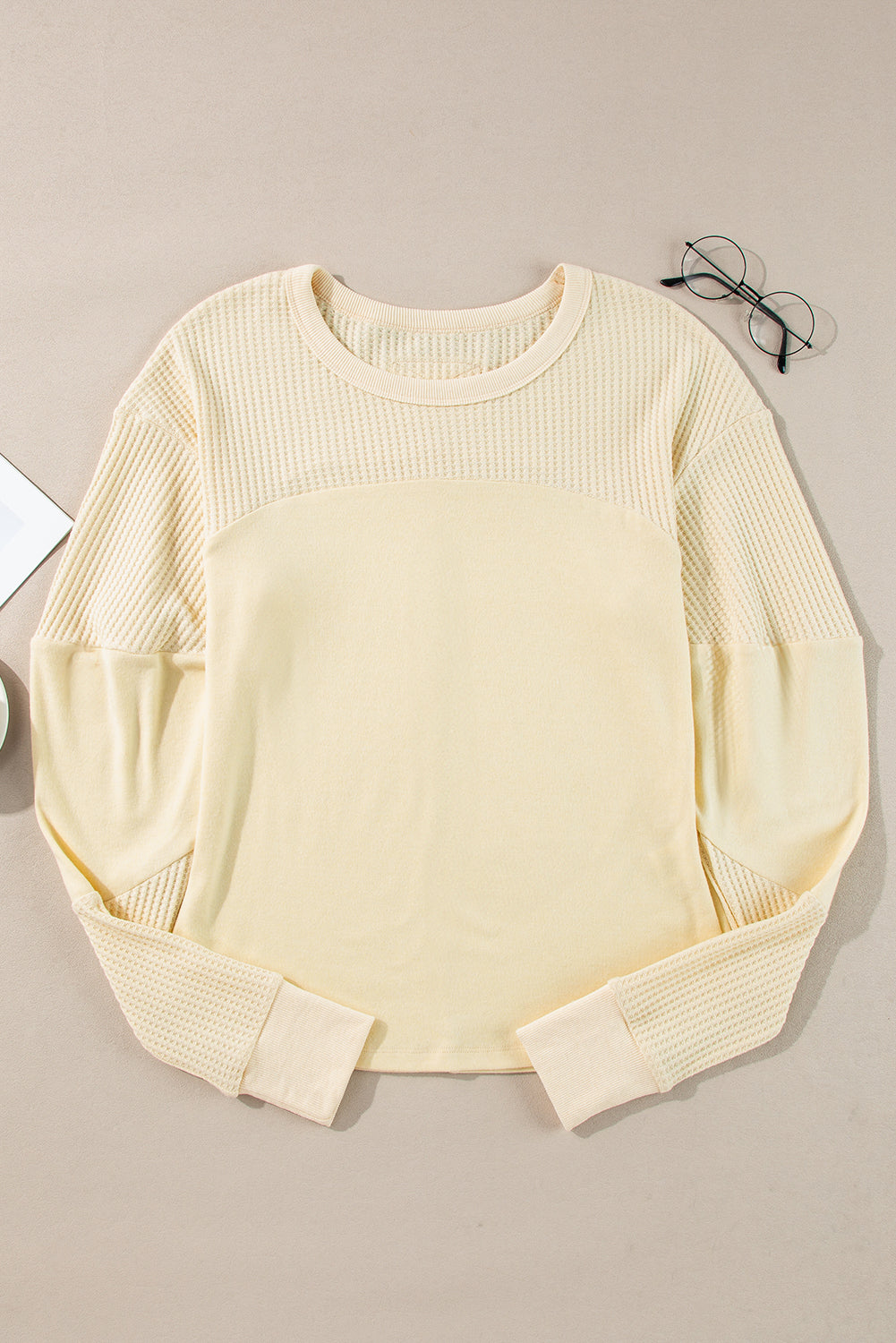Beige Thermal Knit Patchwork Exposed Seam Long Sleeve Top Tops/Long Sleeve Tops