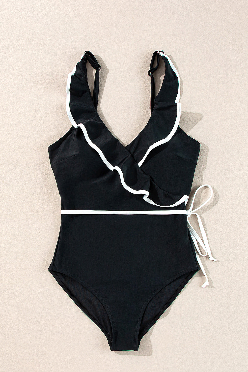 Black Color Contrast Ruffled Wrap V Neck Swimsuit Swimwear/One Piece Swimsuit