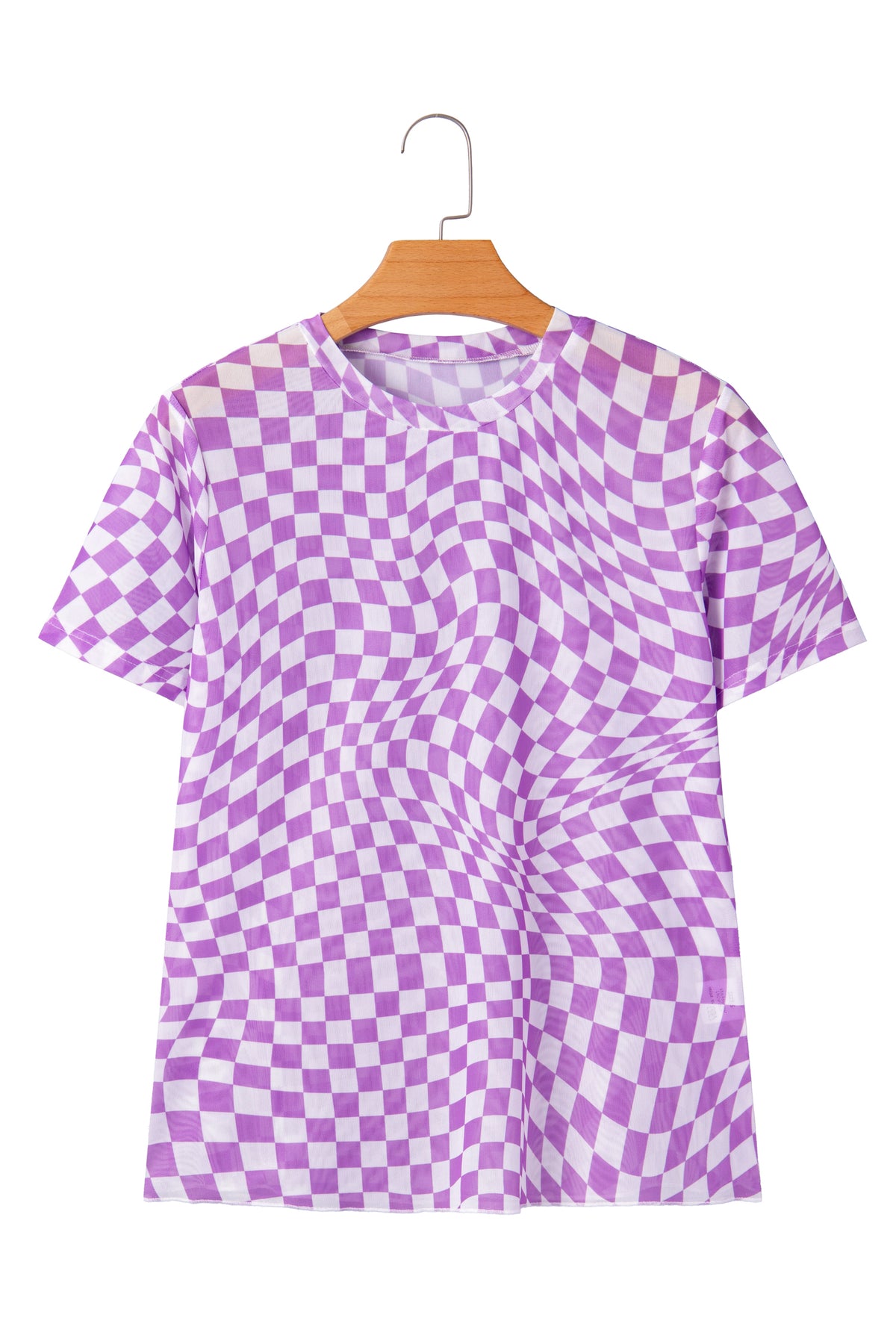 Khaki Checkered Print Mock Neck Mesh T Shirt