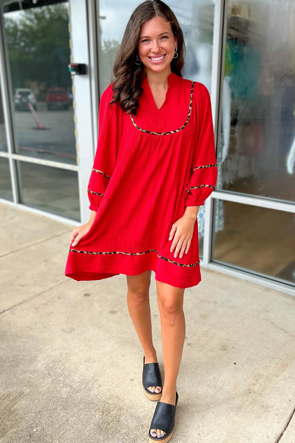 Fiery Red Textured V Neck Leopard Contrasted Trim Long Sleeve Shift Mini Dress