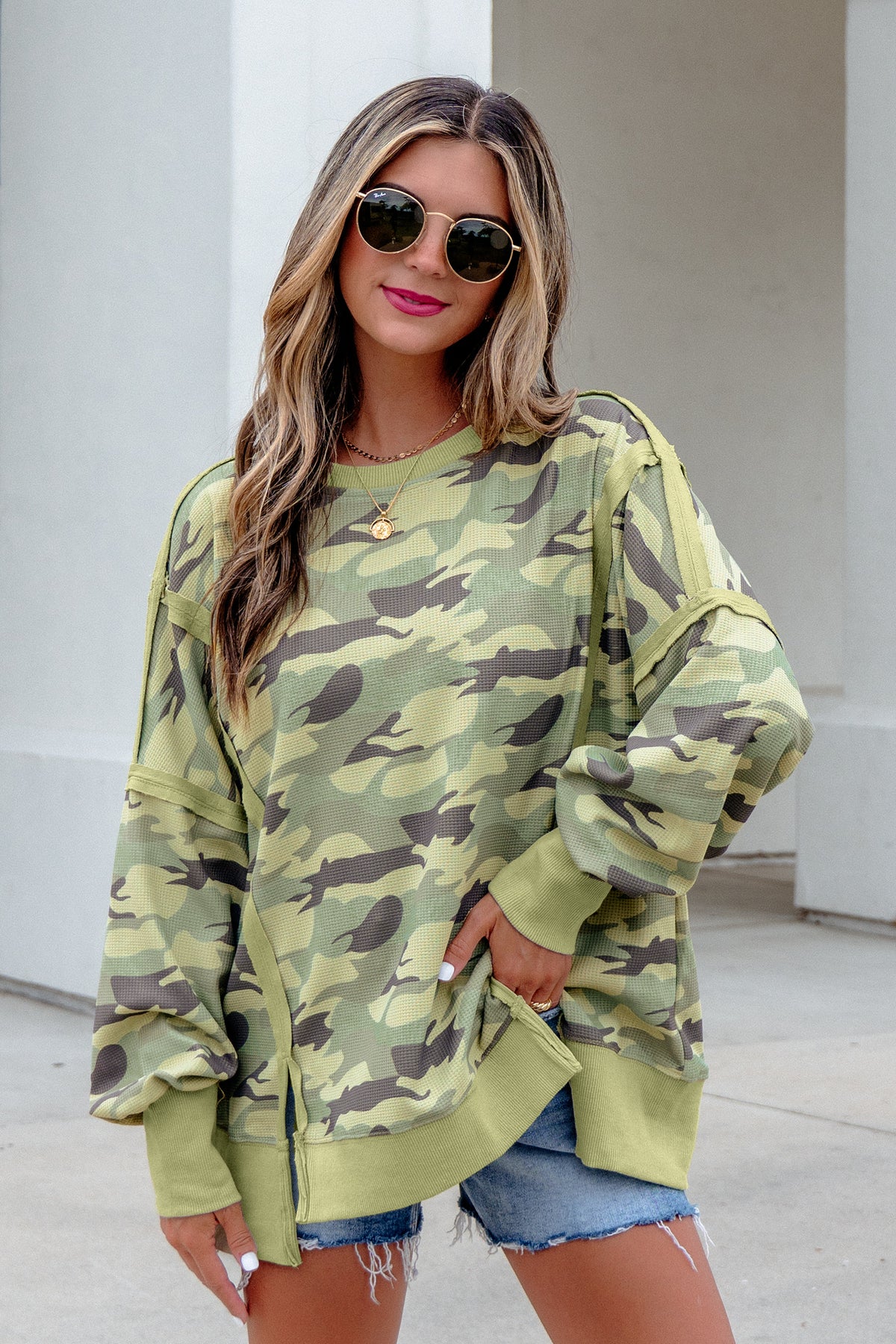 Green Camouflage Waffle Knit Raw Edge Contrast Trim Oversized Long Sleeve Top