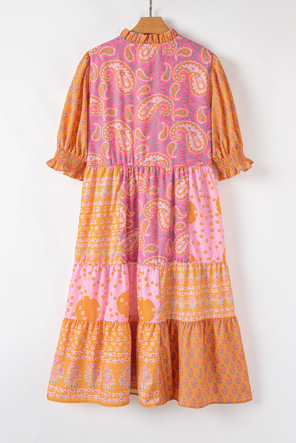 Pink Boho Paisley Floral Mixed Patchwork Tassel Tie Plus Size Midi Dress Pink / 1X / 100% Polyester Plus Size/Plus Size Dresses/Plus Size