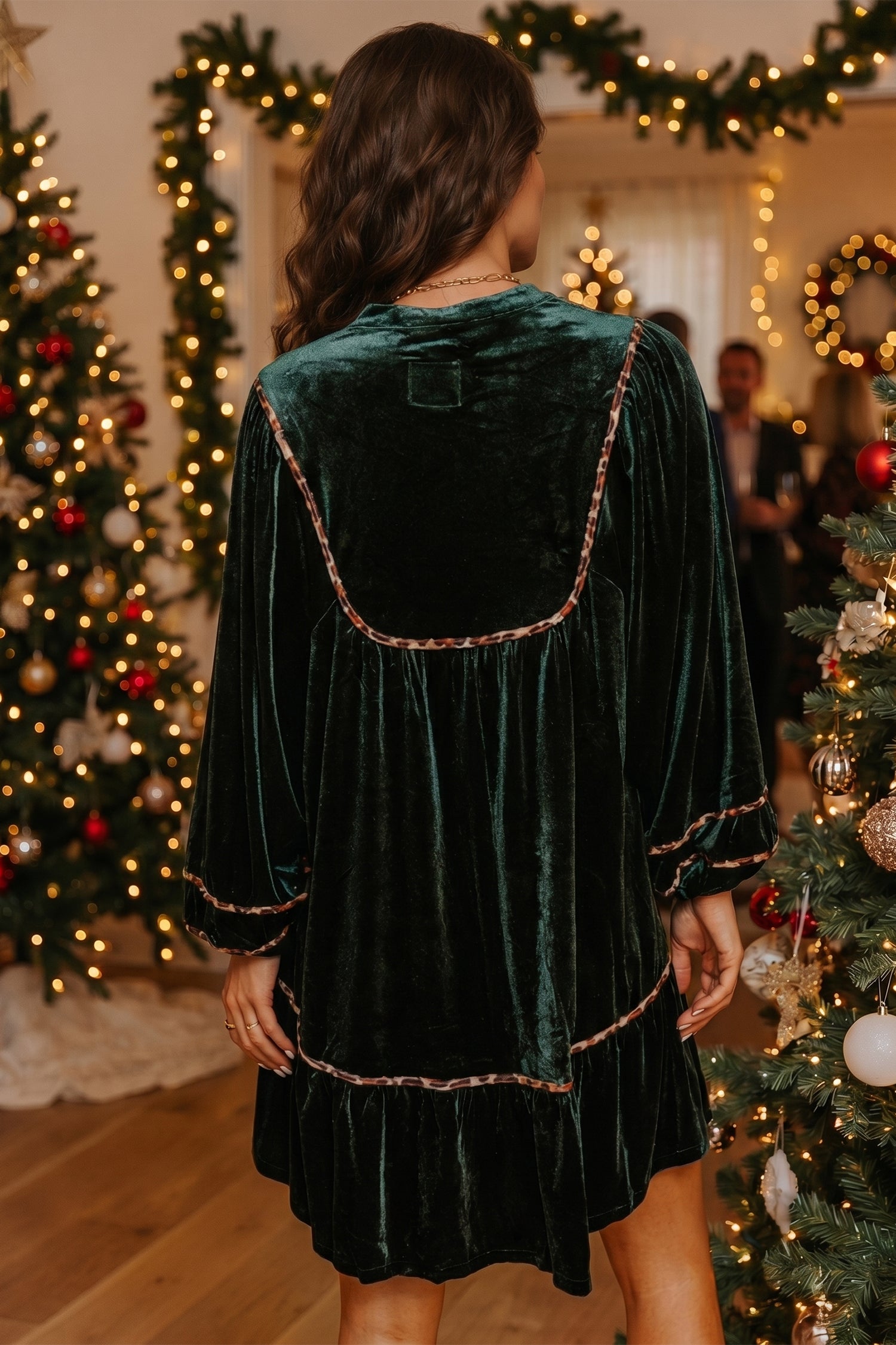 Blackish Green Leopard Trim Velvet Long Sleeve Shift Dress Dresses/Mini Dresses