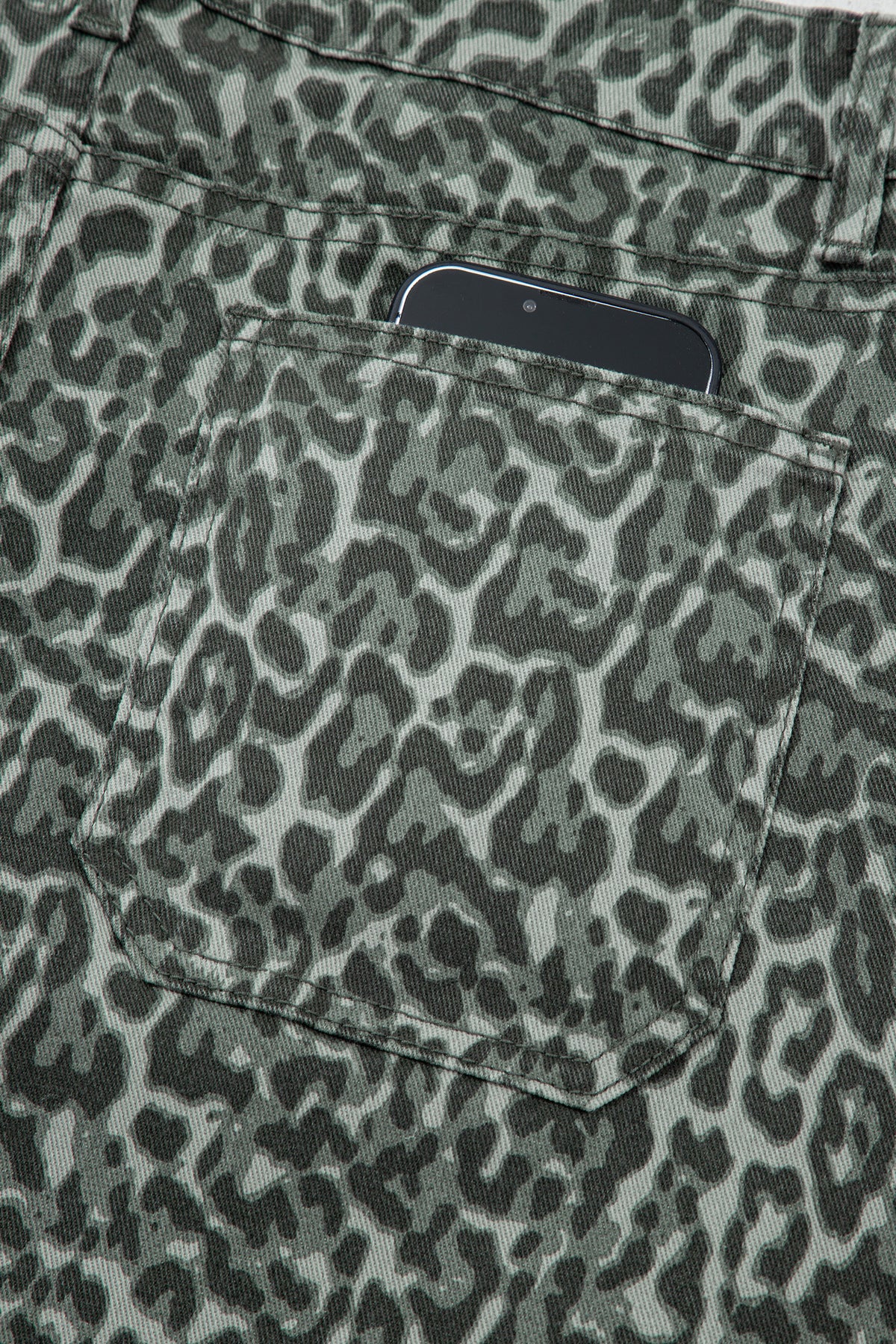 Gray Leopard Frayed Edge Wide Leg High Waist Jeans