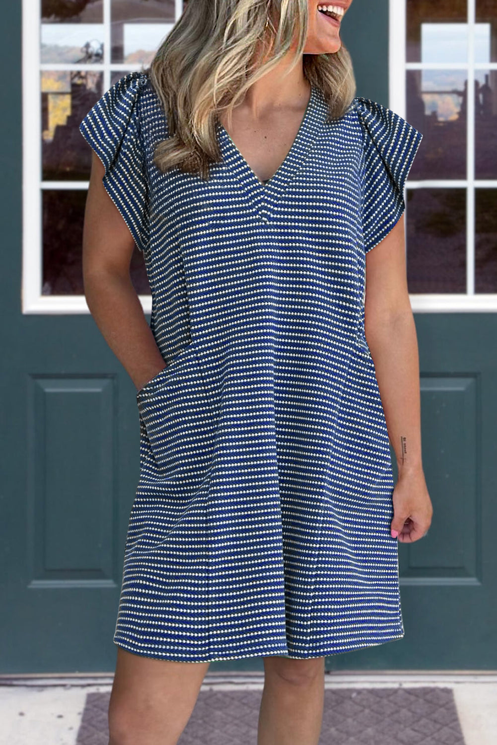 Blue Stripe Textured Knit V Neck Flutter Sleeve Shift Mini Dress