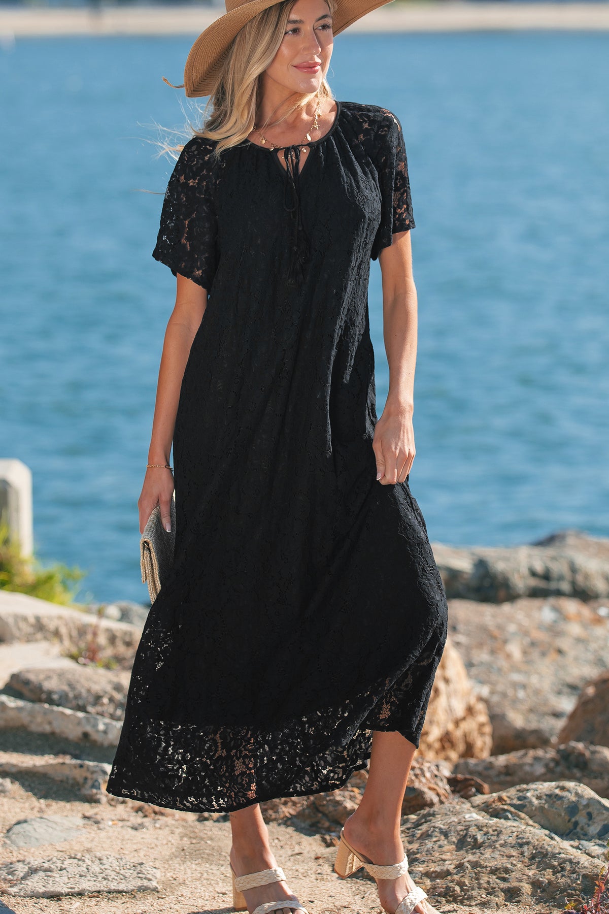 Black Floral Lace Overlay Tassel Tie Short Sleeve Beach Vacation Loose Maxi Dress