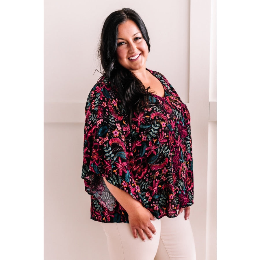 08.11 Angled Sleeve Blouse In Black Multicolored Floral Sketch