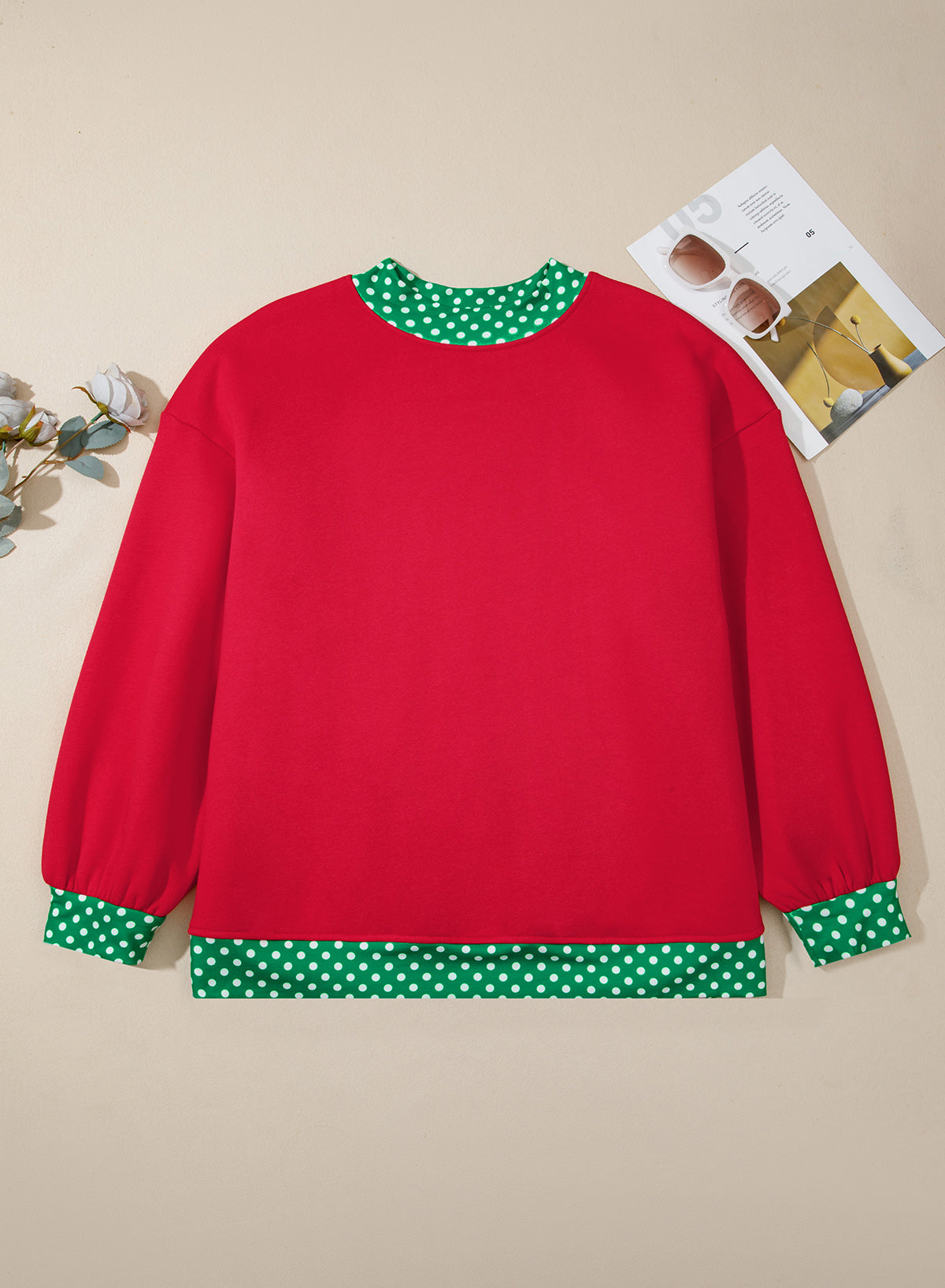 Racing Red Polka Dot Patchwork Round Neck Plus Size Sweatshirt