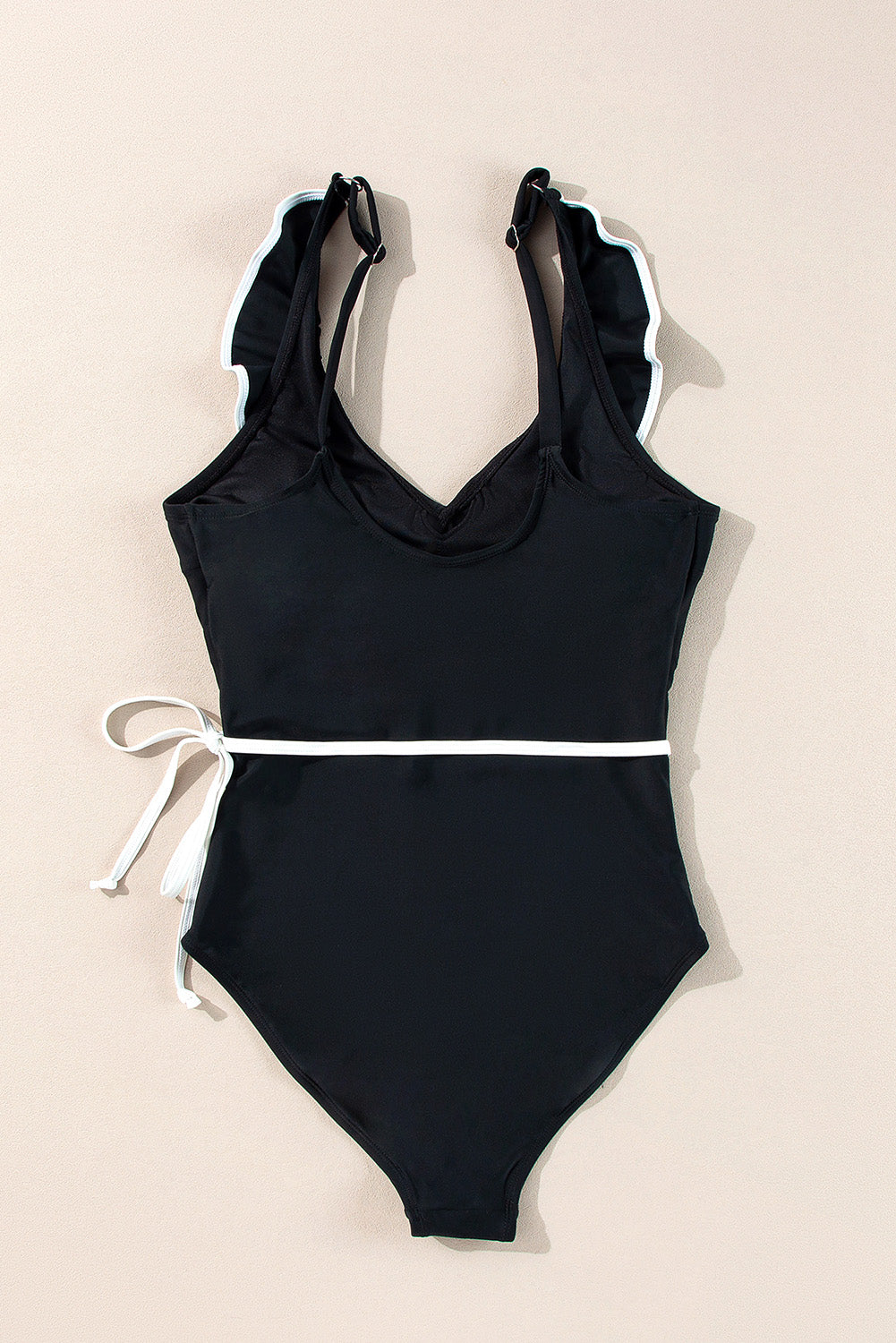 Black Color Contrast Ruffled Wrap V Neck Swimsuit Swimwear/One Piece Swimsuit