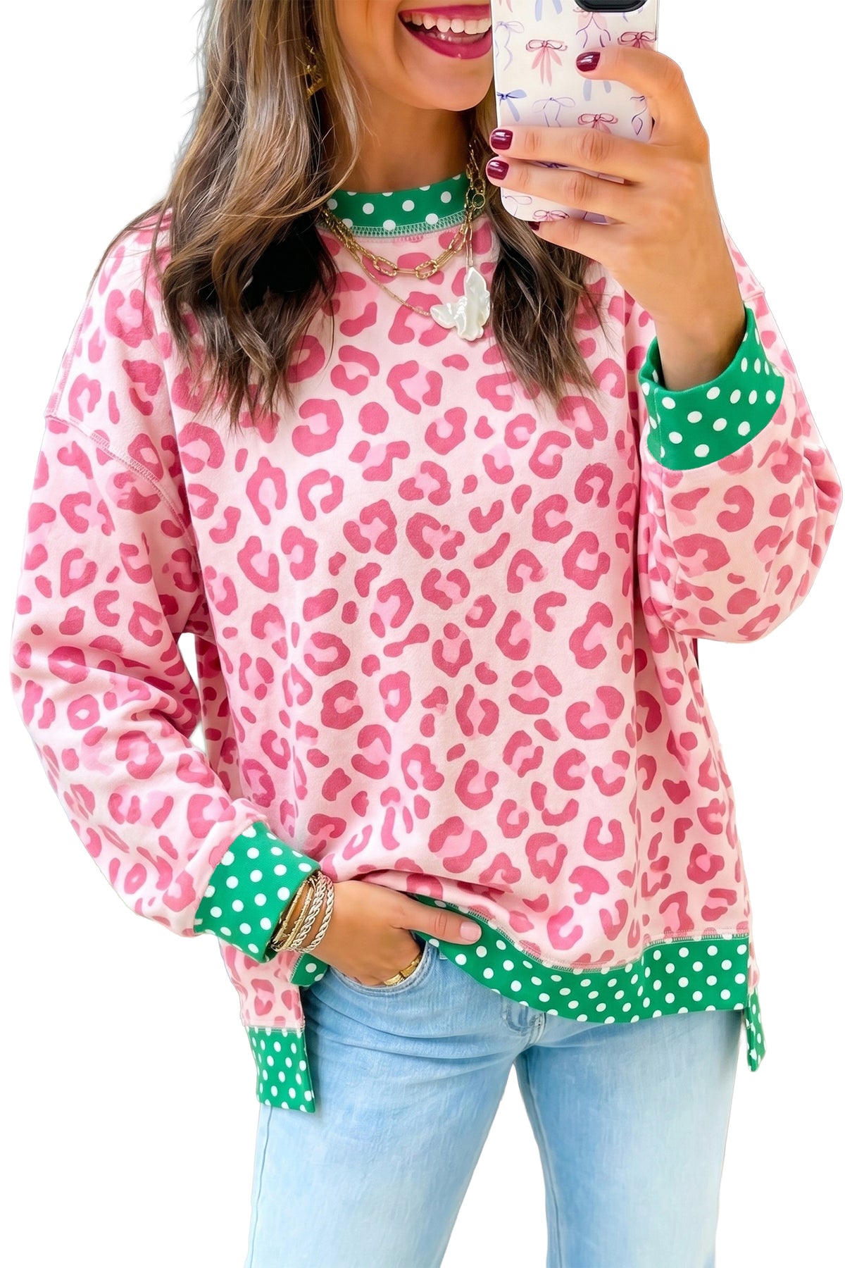 Khaki Leopard Polka Dot Colorblock Trim Long Sleeve Top