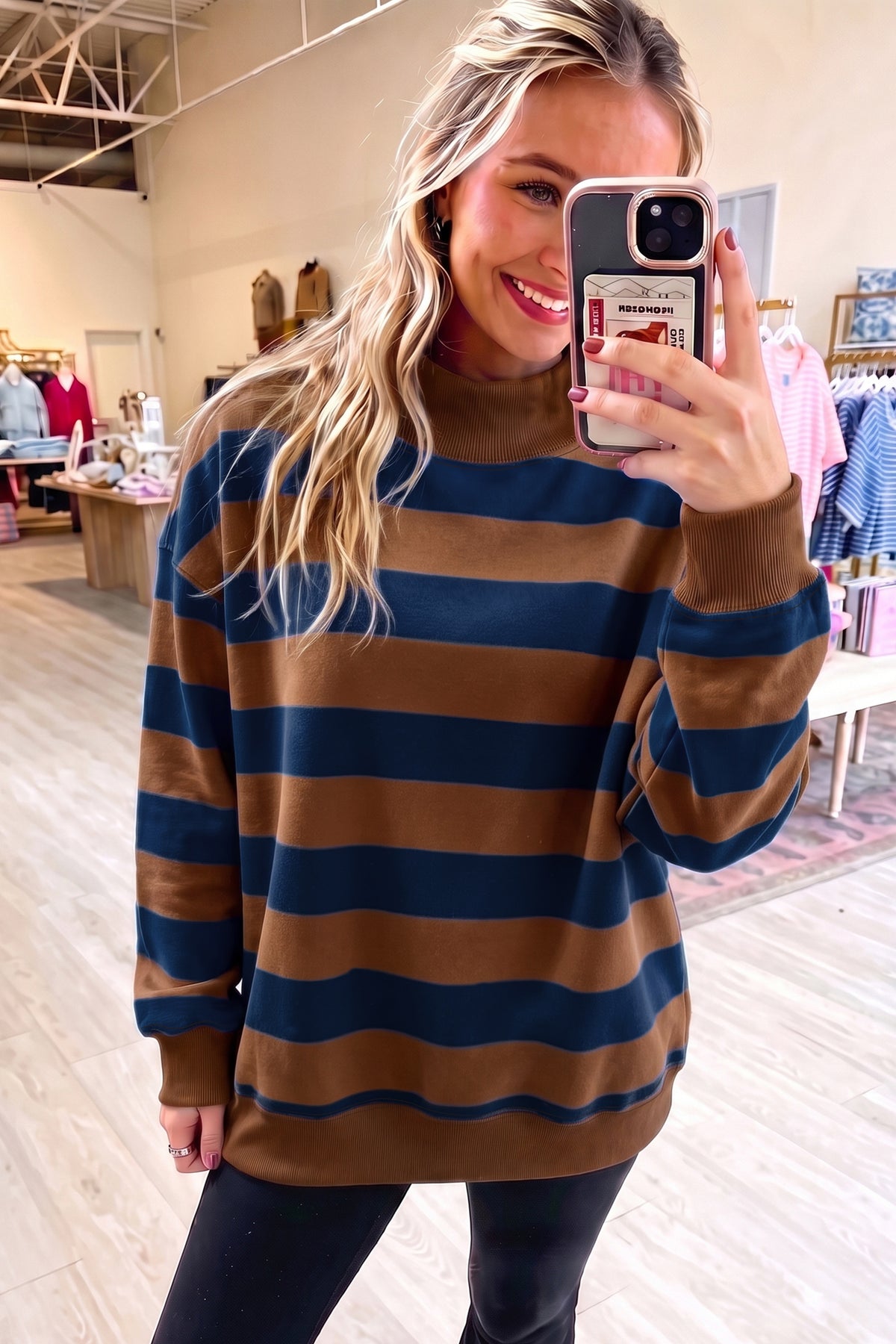 Blue Stripe Colorblock Mock Neck Relaxed Sweatshirt