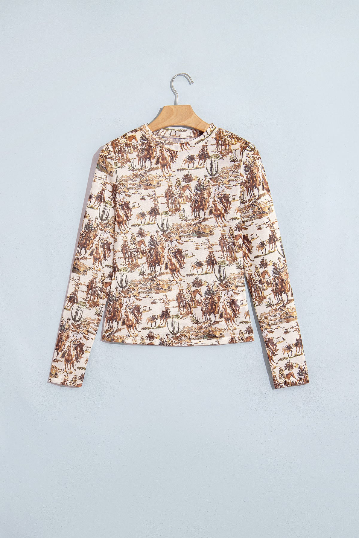 Beige Western Cowboy Floral Print Sheer Mesh Long Sleeve Top