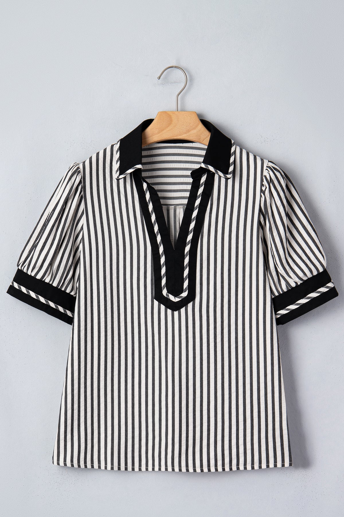 Green Stripe Collared Split Neck Short Bubble Sleeve Blouse