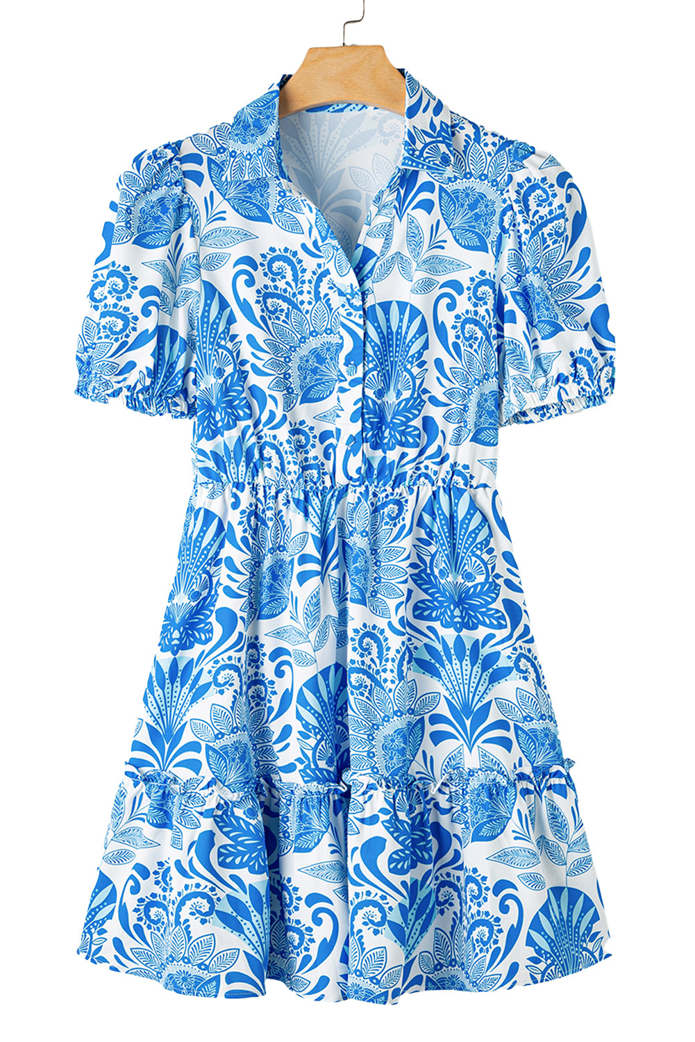 Sky Blue Retro Floral Print Drawstring Waist Ruffled Mini Dress Dresses/Floral Dresses