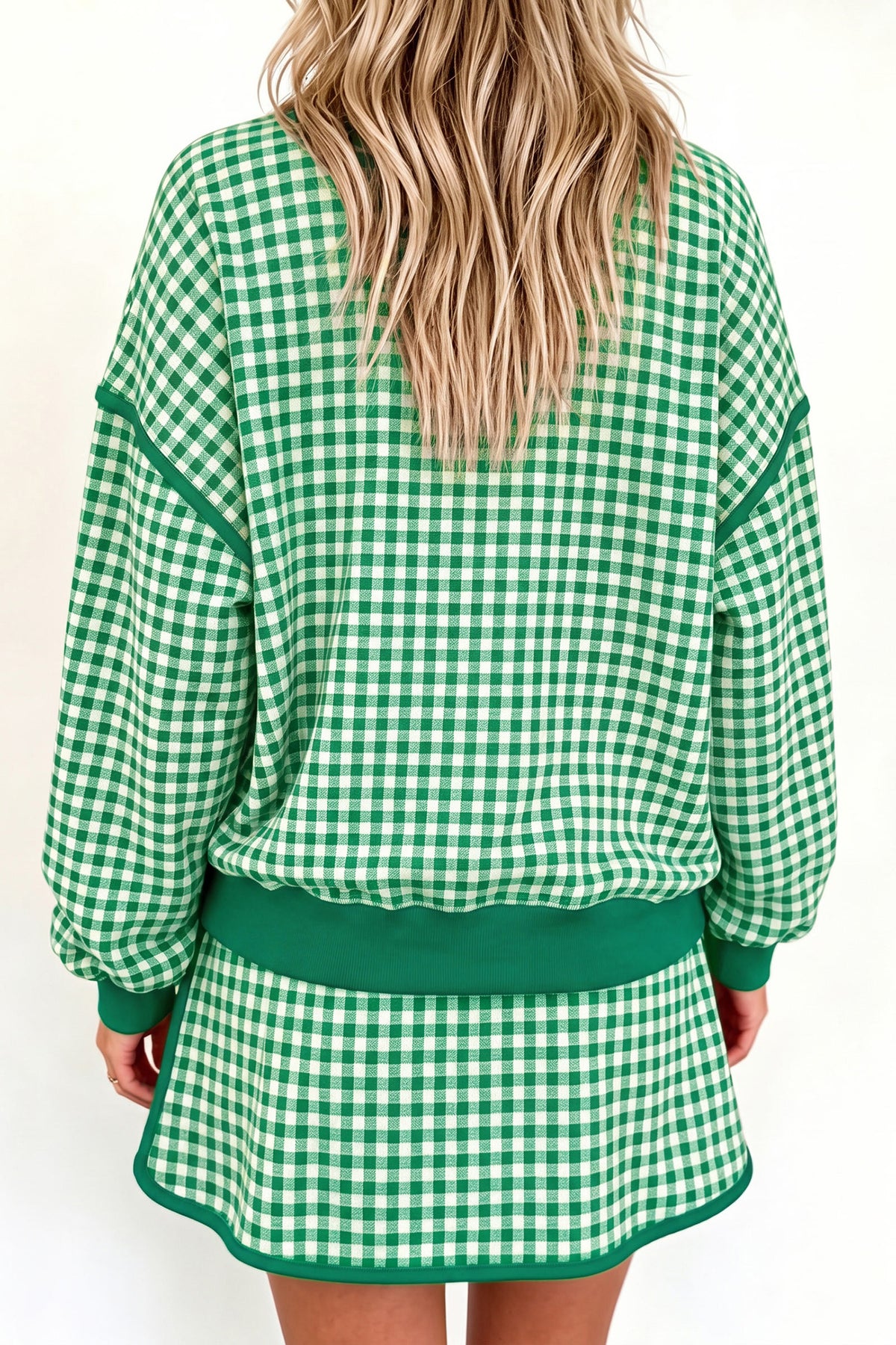 Red Gingham Oversized Ribbed Trim Crew Neck Long Sleeve Top and Skort Set
