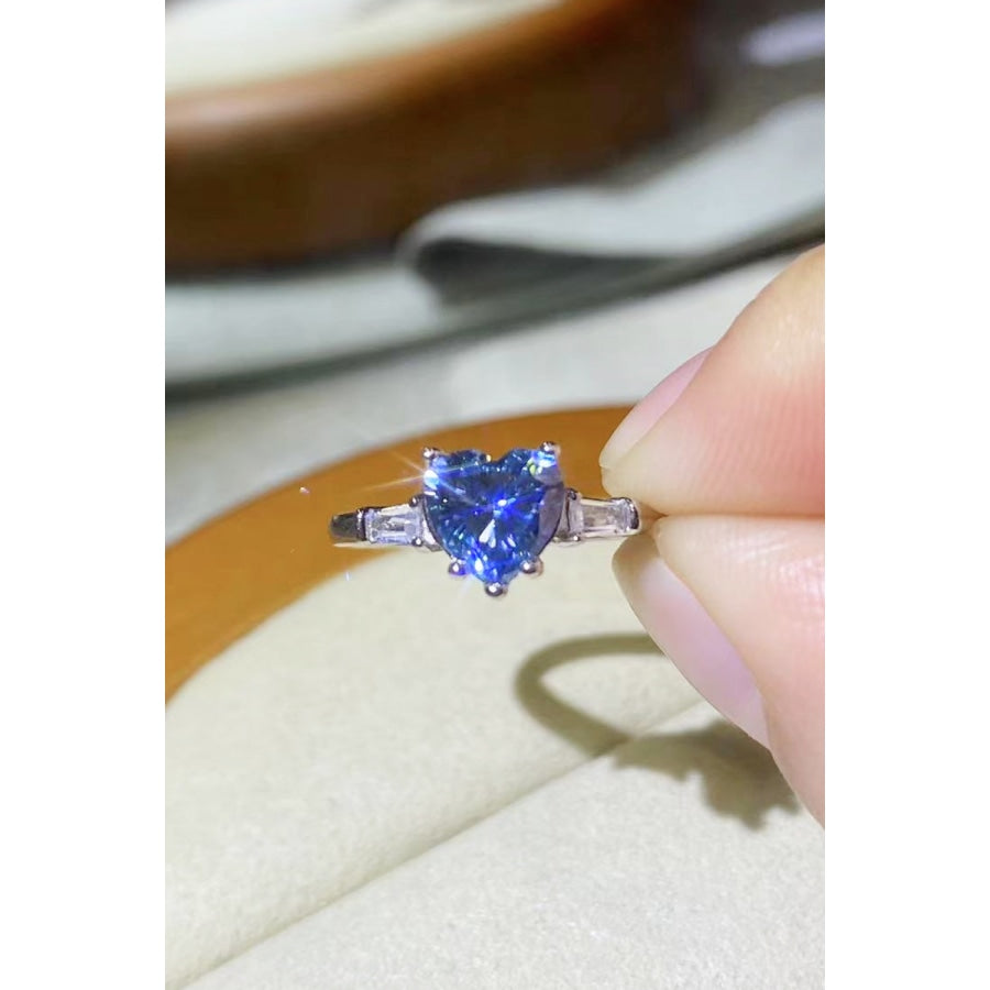 1 Carat Moissanite Heart-Shaped Platinum-Plated Ring in Blue