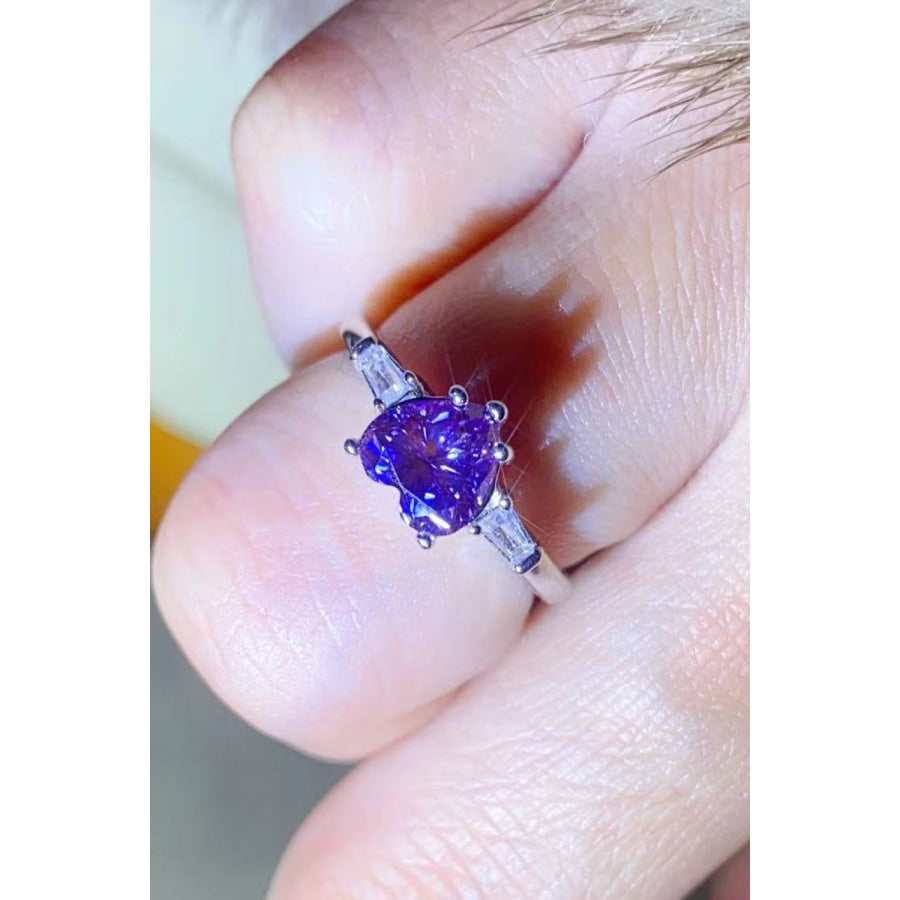 1 Carat Moissanite Heart-Shaped Platinum-Plated Ring in Purple
