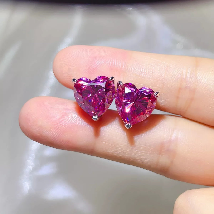 10 Carat 925 Sterling Silver Moissanite Heart Stud Earrings Hot Pink / One Size Apparel and Accessories
